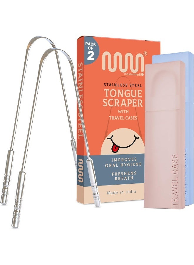 MasterMedi Tongue Scraper for Adults with Travel Cases (2 Pack), 100% Stainless Steel, Reduce Bad Breath, Tongue Scrubber, Easy to Use, Tongue Cleaner for Oral Care & Hygiene - Image 1
